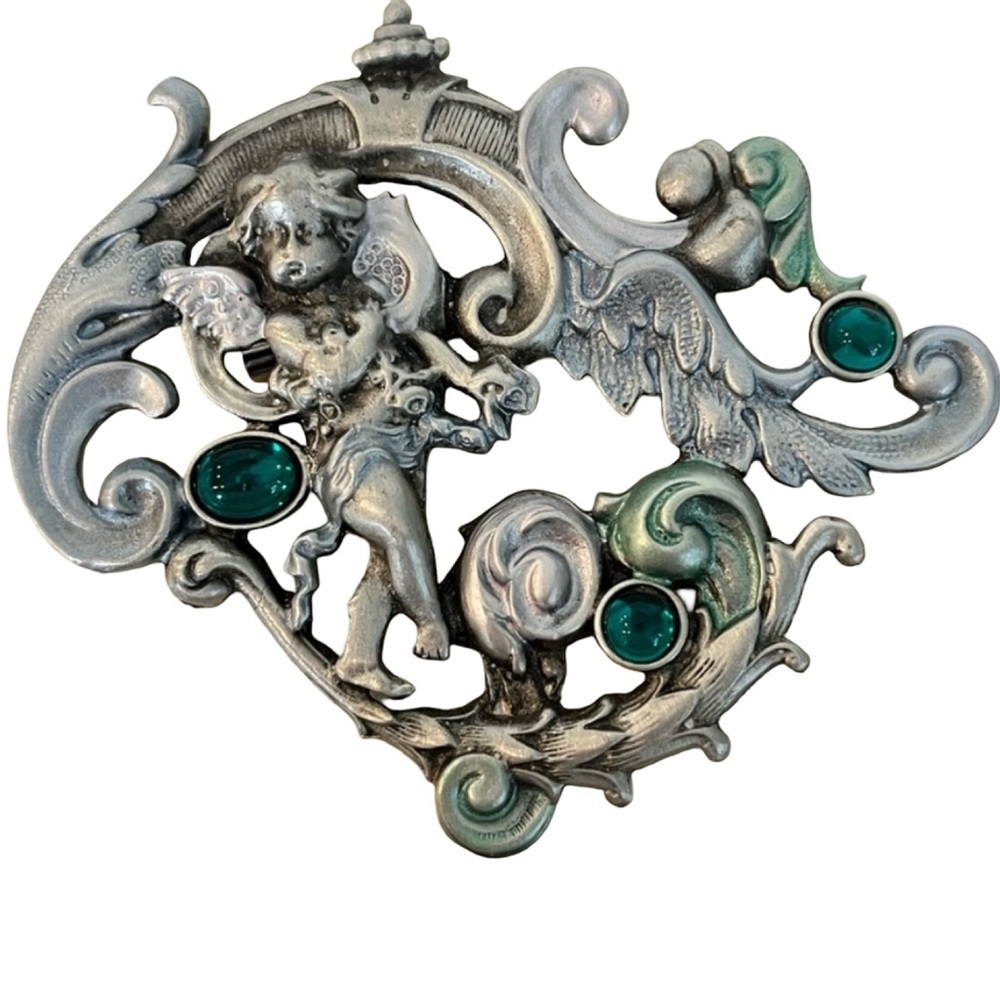 Vintage JJ Jonette Silver and Green Stone Angel Brooch